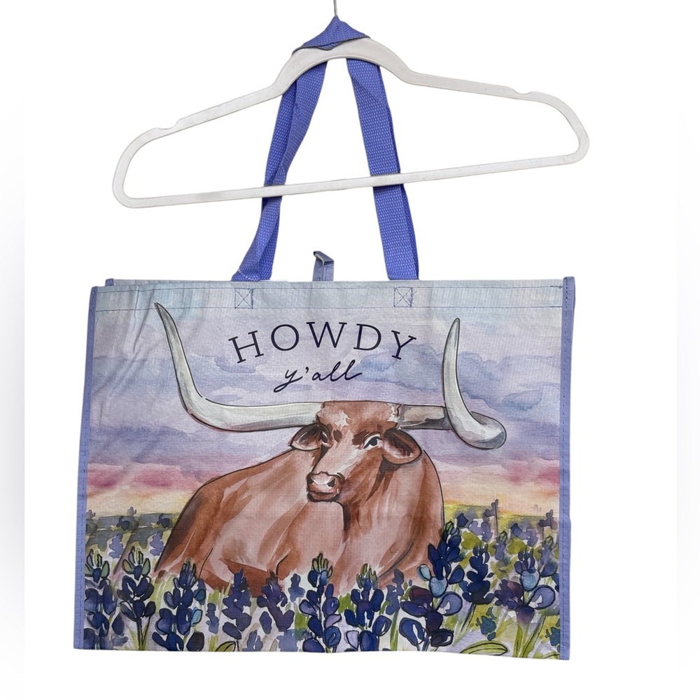 2 Howdy Y'all Longhorn With Texas Bluebonnets Reusable Shopping Tote Bags - Picture 3 of 6